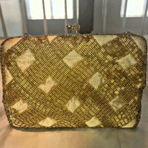 Gold Satin & Beaded Evening Bag with Gold & Rhinestone Hardware